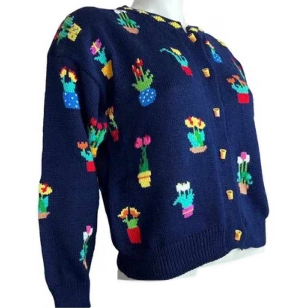 Navy Floral Planter Knit Cardigan Sweater - Women - Picture 2 of 8